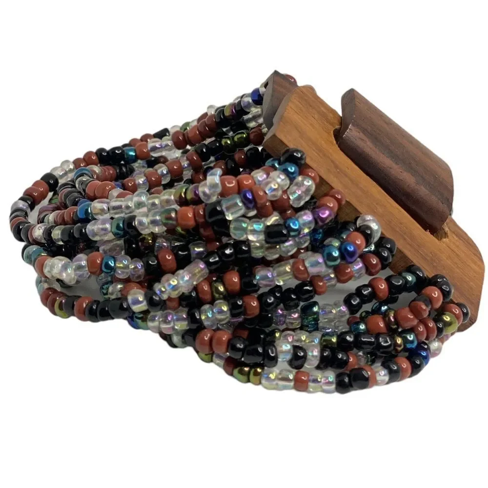 Multi Seed Bead Layered Necklace Wooden Buckle‎ Stretchy Bracelet
